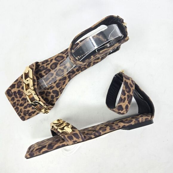 GOOD AMERICAN Leopard Print Sandals with Gold Accents Square Toe Ankle Strap - Picture 1 of 5